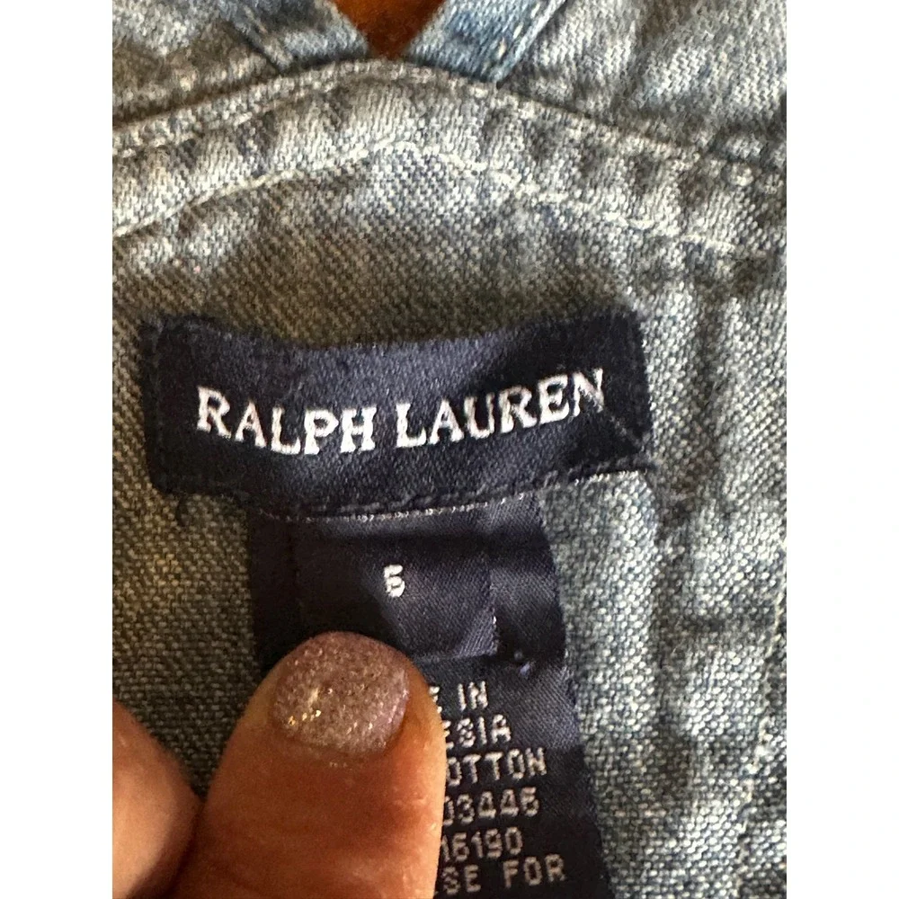 Ralph Lauren Girls Denim Overall Dress Blue Floral Inset Jumper Size 6